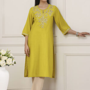 Green Sequined Embroidered Straight Kurta